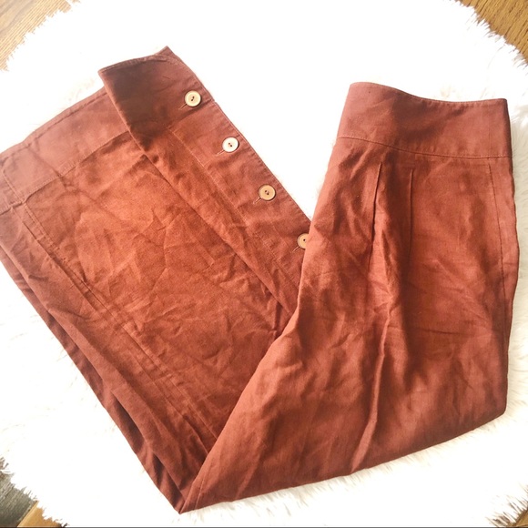 Anthropologie Rust Button Linen Wide Leg Crop Pants - 4 - Picture 2 of 13